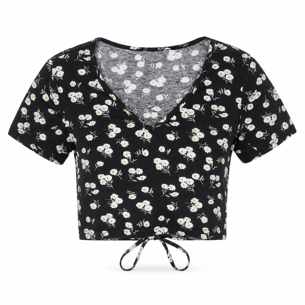 Front view of SHEIN women’s black floral polyester cropped t-shirt, size M, v-neck