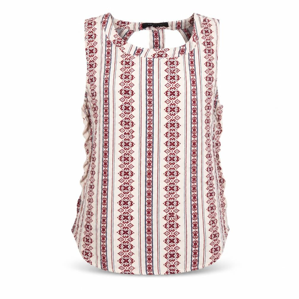 Front view of New Look women’s multicoloured geometric viscose basic tank, size UK 6, scoop neck