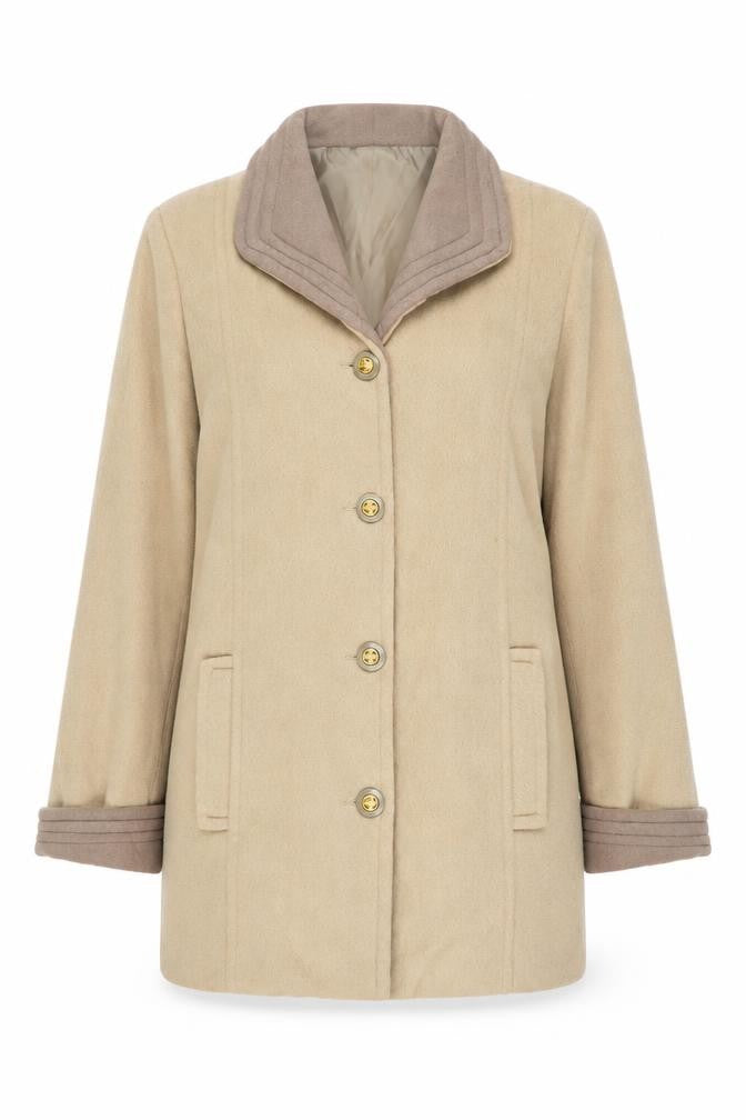 Front view of Gabriella Vicenga women’s beige overcoat coat, size UK 10, button
