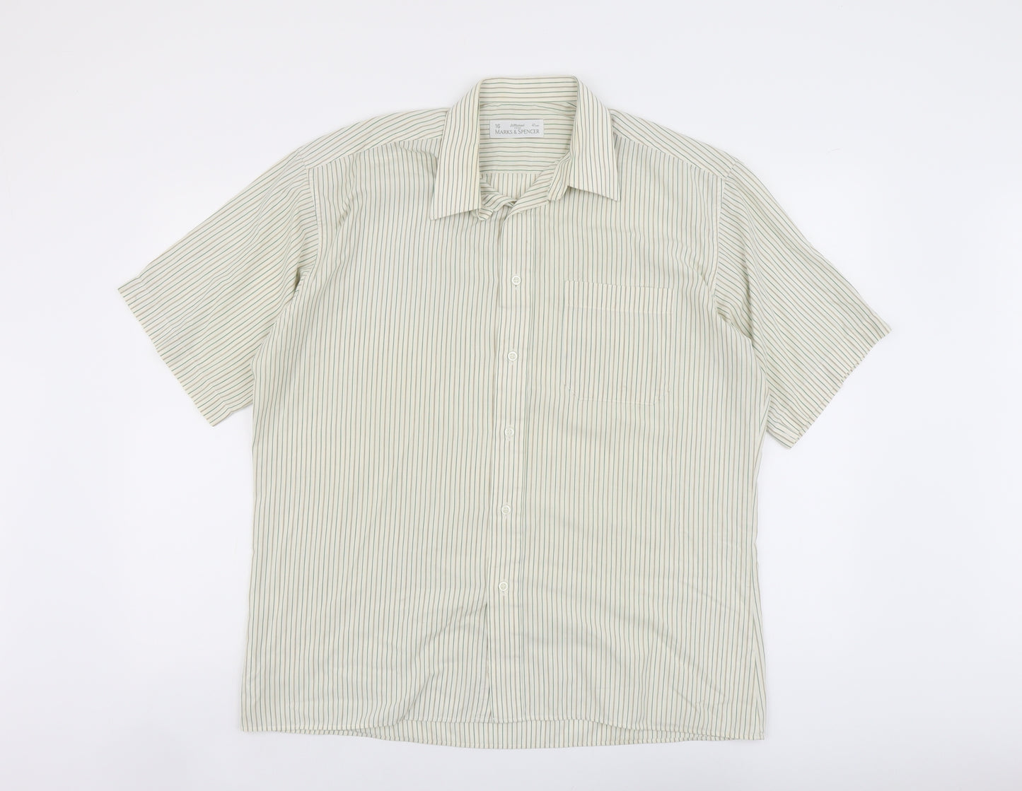 Marks and Spencer Mens Green Polka Dot Polyester Button-Up Size 16 Collared Button