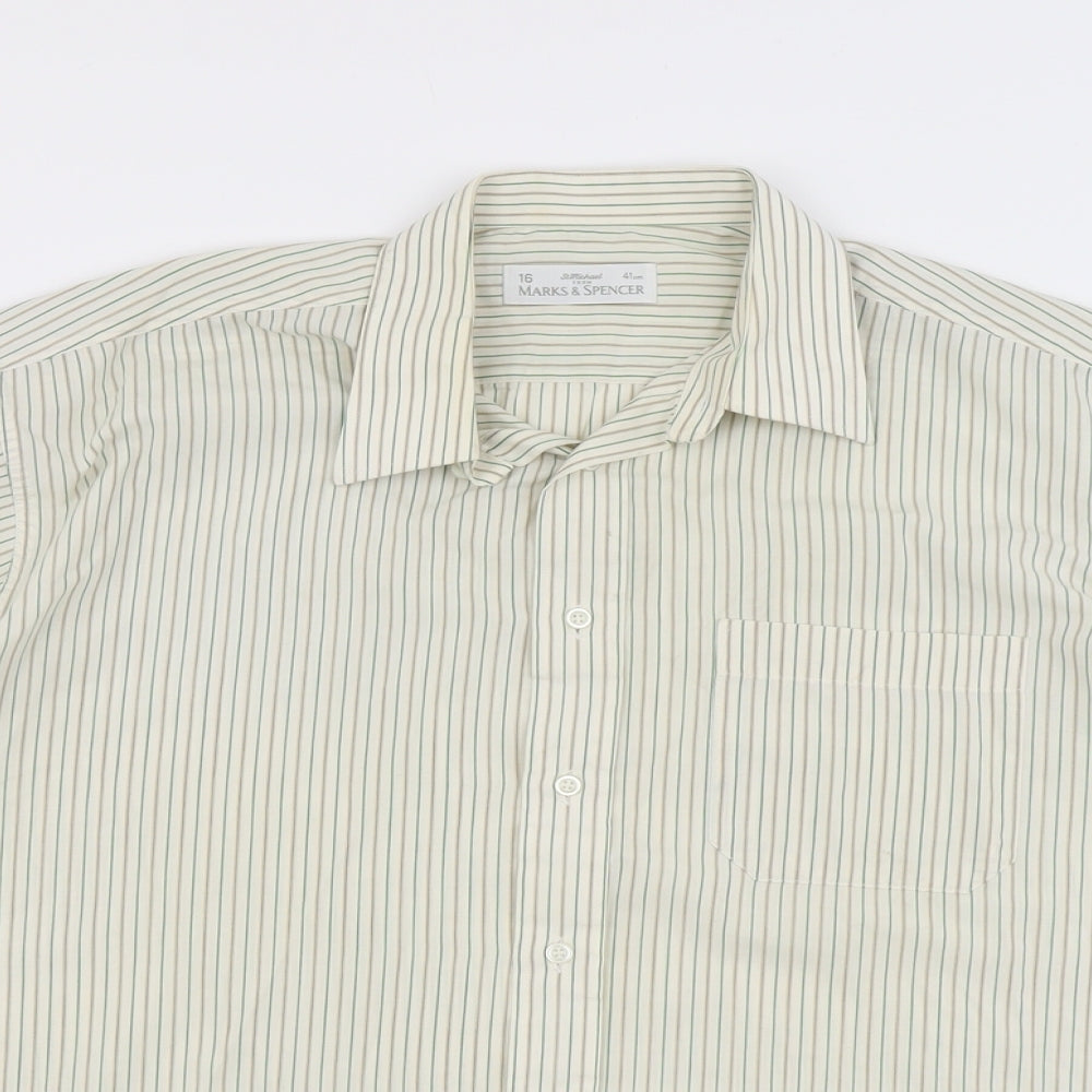 Marks and Spencer Mens Green Polka Dot Polyester Button-Up Size 16 Collared Button