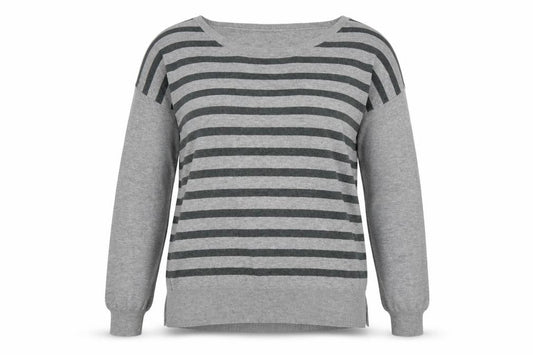 Front view of Next women’s grey round neck striped cotton jumper, size UK 10