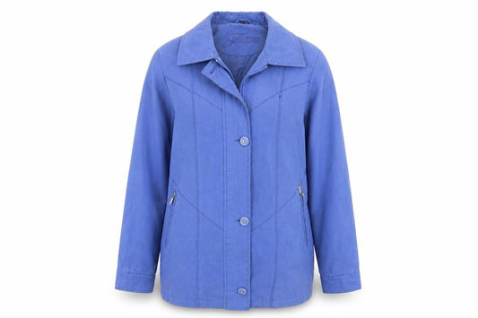 Front view of Finesse women’s blue jacket, size UK 12, zip