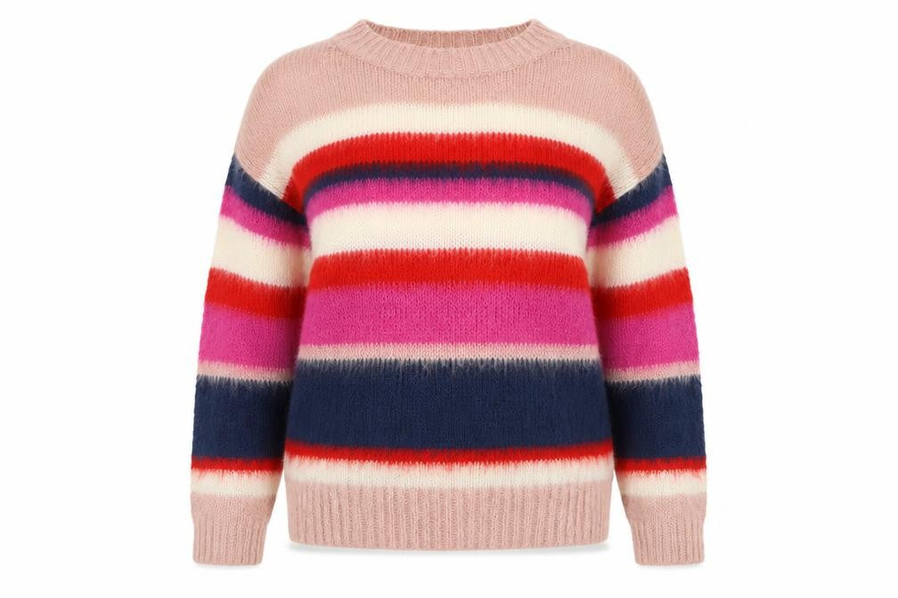 Front view of George women’s multicoloured round neck striped acrylic jumper, size UK 8