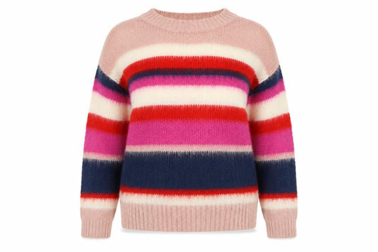 Front view of George women’s multicoloured round neck striped acrylic jumper, size UK 8