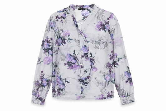Front view of Atmosphere women’s blue floral polyester basic button-up, size UK 10, v-neck