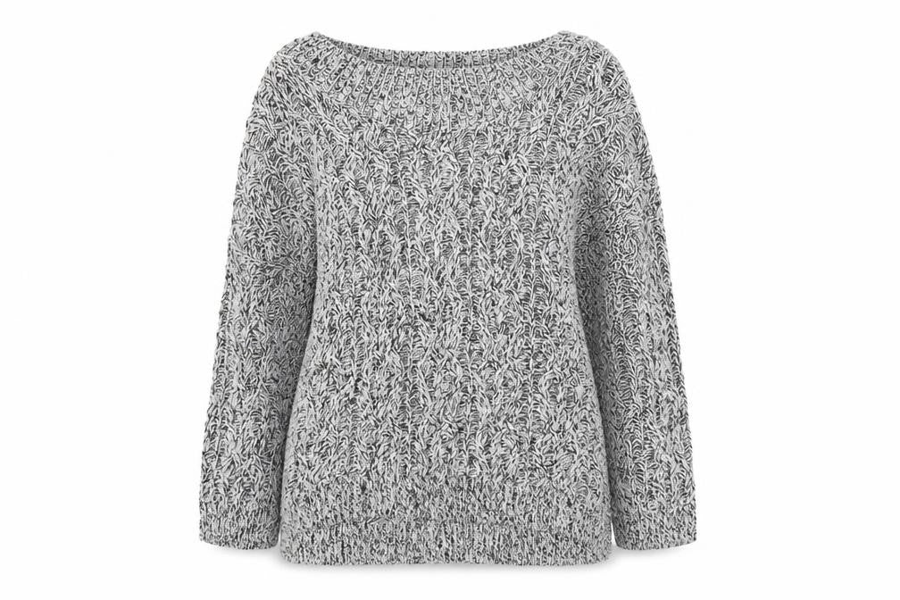 Front view of H&M women’s grey boat neck acrylic jumper, size S