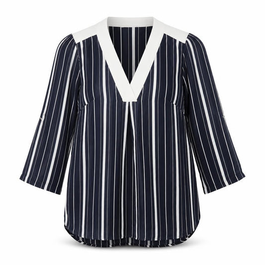 Front view of H&M women’s blue striped polyester basic blouse, size UK 8, v-neck