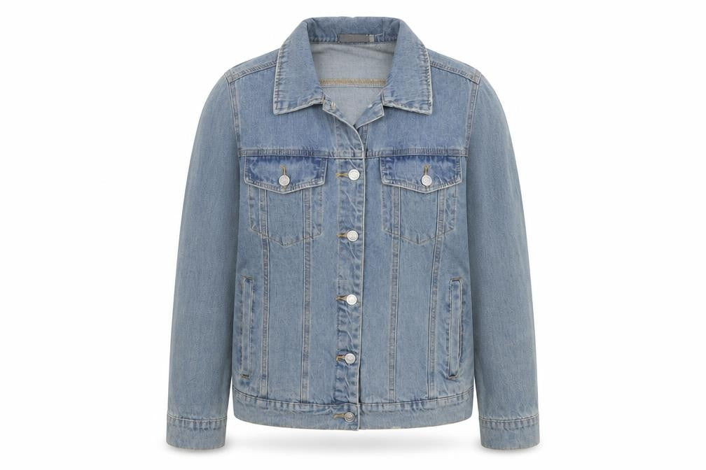 Front view of Foreva Young women’s blue jacket, size S, button - flower detail