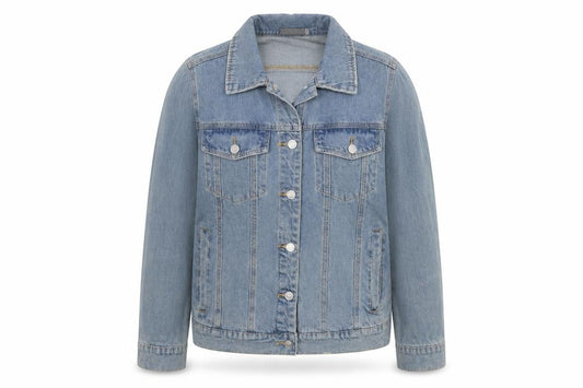Front view of Foreva Young women’s blue jacket, size S, button - flower detail