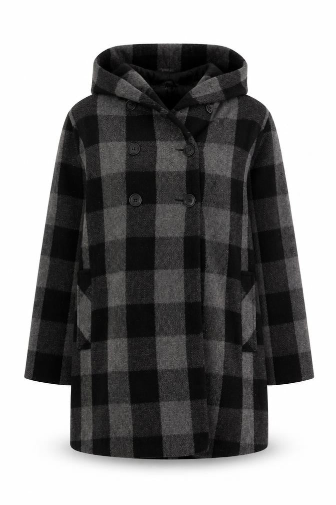 Front view of Milo women’s grey geometric overcoat coat, size UK 14, button