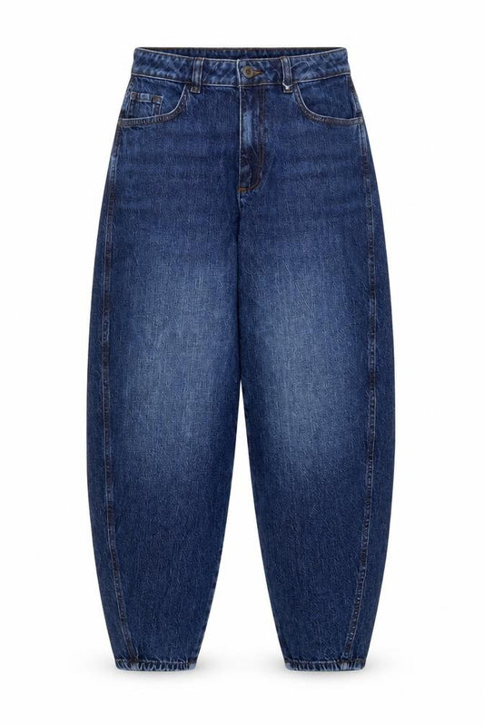 Front view of women’s blue cotton straight jeans, size UK 26, in, 25-inch leg regular button