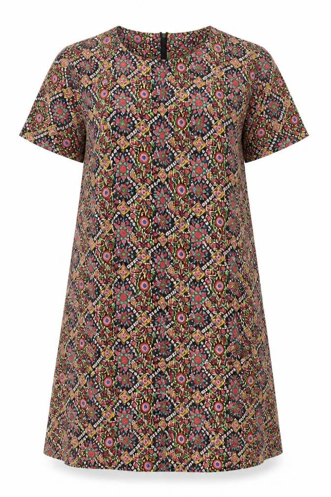 Front view of Cutie women’s multicoloured geometric polyester shift, size UK 10, scoop neck zip