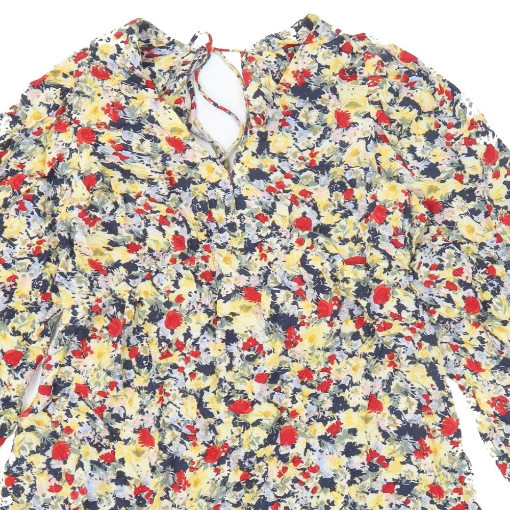 H&M Womens Multicoloured Floral Viscose A-Line Size S V-Neck Tie