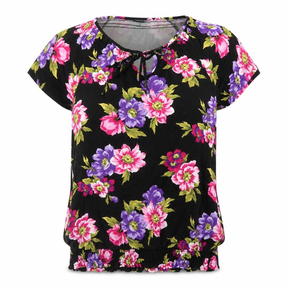 Debenhams Womens Black Floral Viscose Basic T-Shirt Size 10 V-Neck