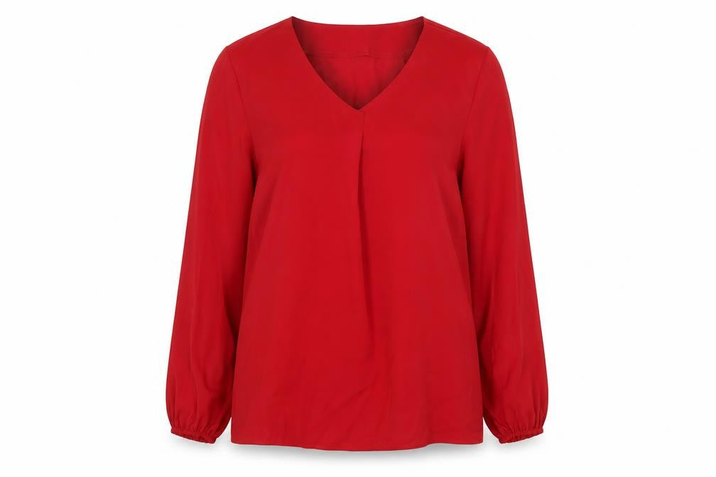 Front view of SHEIN women’s red polyester basic blouse, size S, v-neck