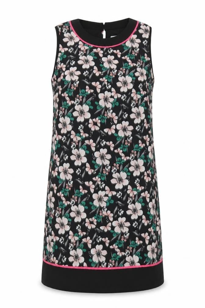 Front view of Debenhams women’s black floral polyester shift, size UK 10, round neck button