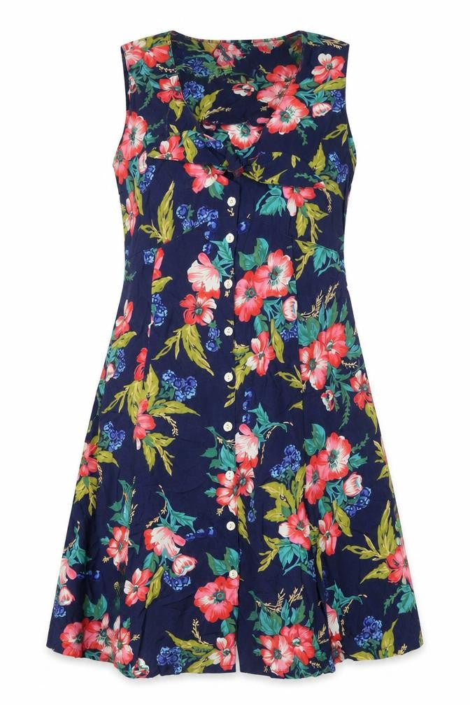 Front view of Gap women’s blue floral viscose a-line, size XS, v-neck button
