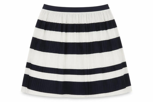 Front view of H&M women’s blue striped polyester a-line skirt, size S