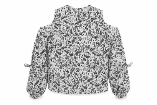 Front view of Primark women’s white geometric polyester basic blouse, size UK 10, round neck - cold shoulder