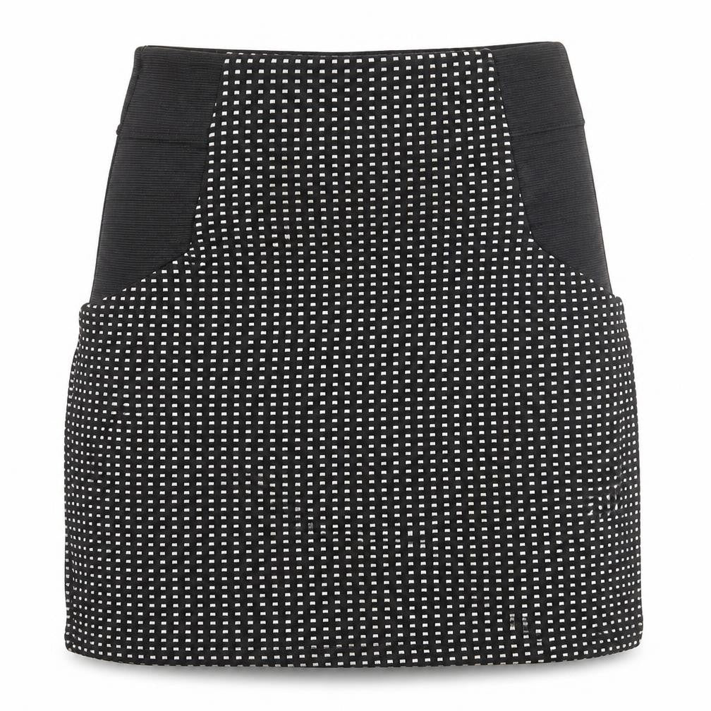 Front view of Cameo Rose women’s black geometric polyester mini skirt, size UK 8