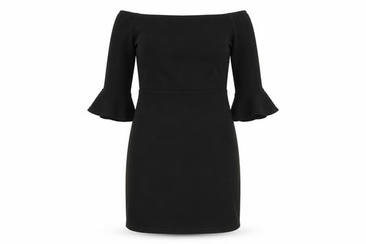 Front view of PRETTYLITTLETHING women’s black polyester a-line, size UK 10, boat neck pullover