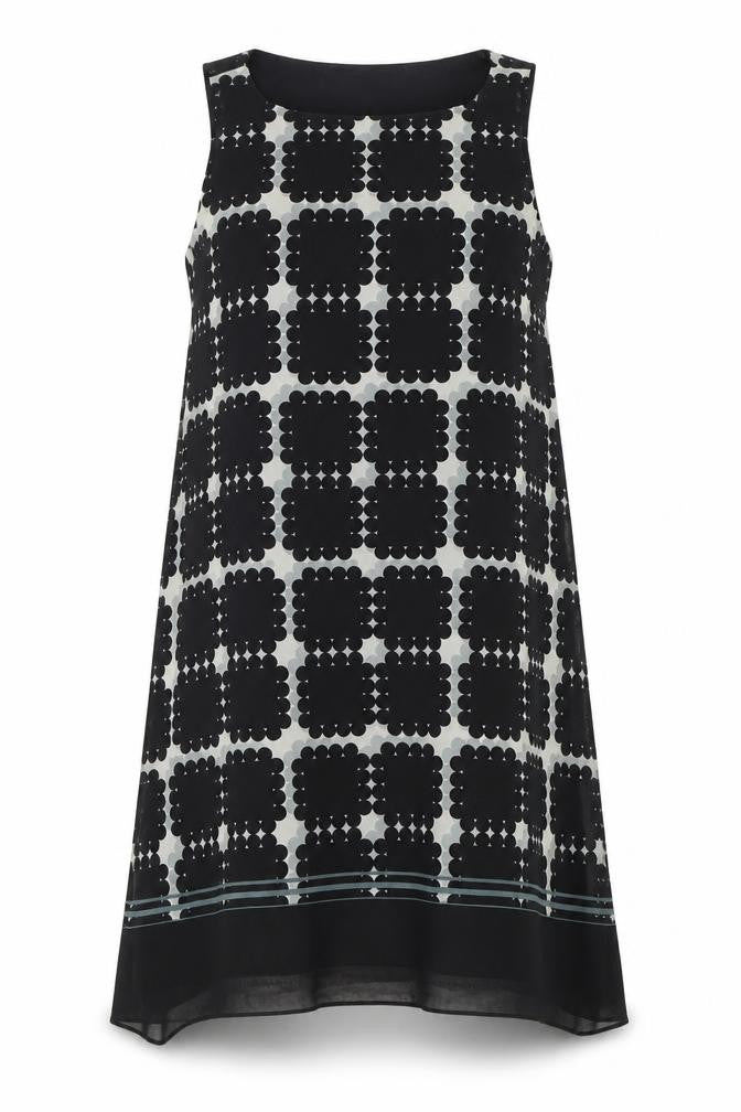 Front view of Max Studio women’s black geometric polyester tank dress, size S, square neck pullover