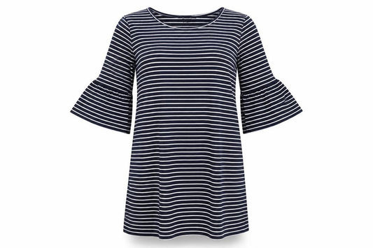 Front view of Atmosphere women’s blue striped viscose a-line, size UK 12, round neck pullover
