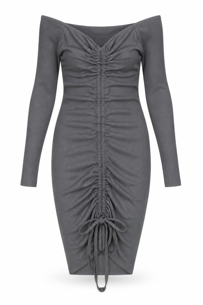 Front view of PRETTYLITTLETHING women’s grey polyester bodycon, size UK 8, v-neck pullover - ruched