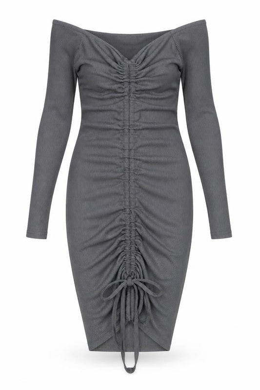 Front view of PRETTYLITTLETHING women’s grey polyester bodycon, size UK 8, v-neck pullover - ruched