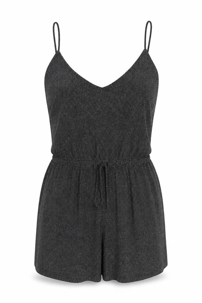 Front view of H&M women’s black polyester playsuit one-piece, size XS, pullover