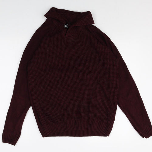 F&F Mens Red Roll Neck Acrylic Pullover Jumper Size M Long Sleeve Button