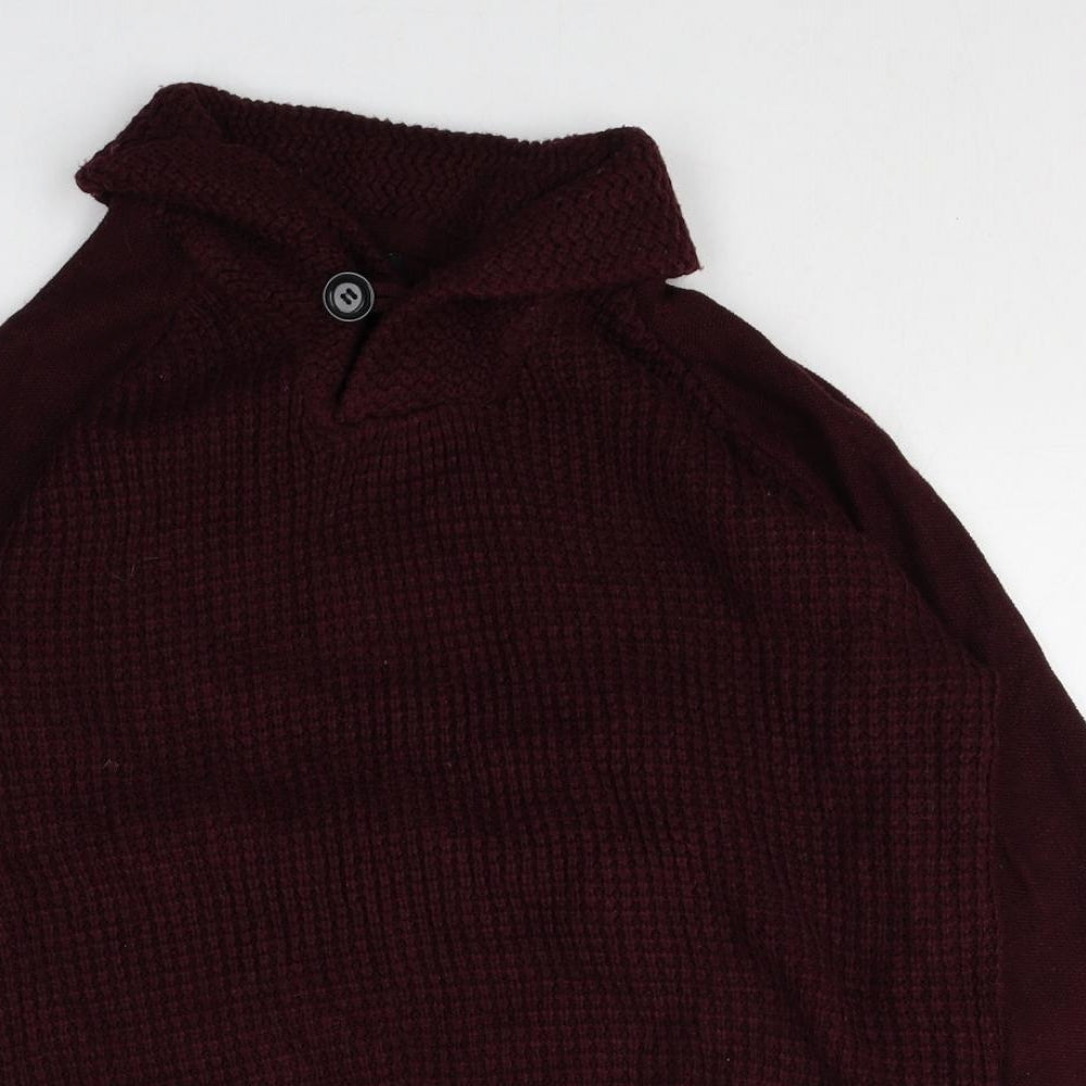 F&F Mens Red Roll Neck Acrylic Pullover Jumper Size M Long Sleeve Button