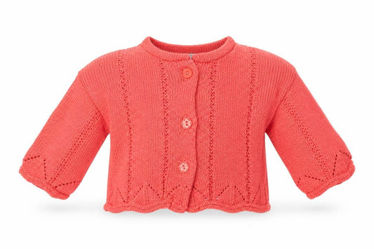 Front view of Adams girls’ pink acrylic cardigan jumper, size 0-3, months button