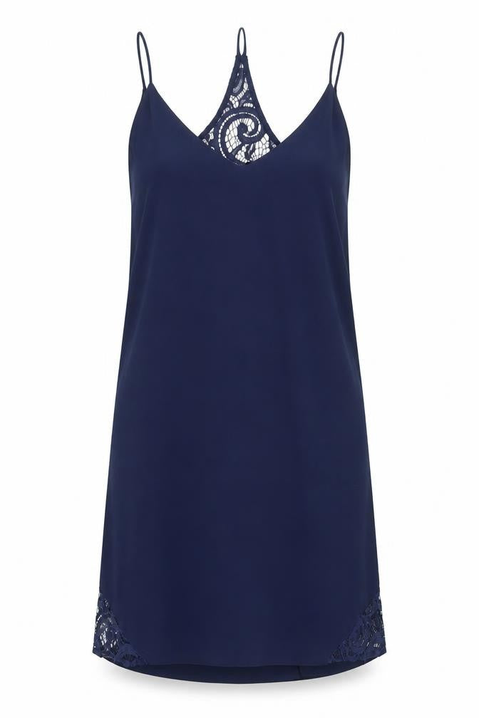 Front view of Therapy women’s blue polyester slip dress, size UK 10, v-neck pullover