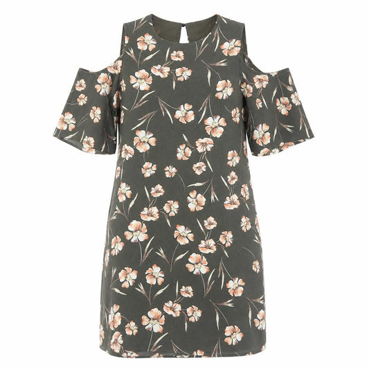 Front view of Apricot women’s green floral polyester shift, size UK 10, round neck pullover - cold shoulder