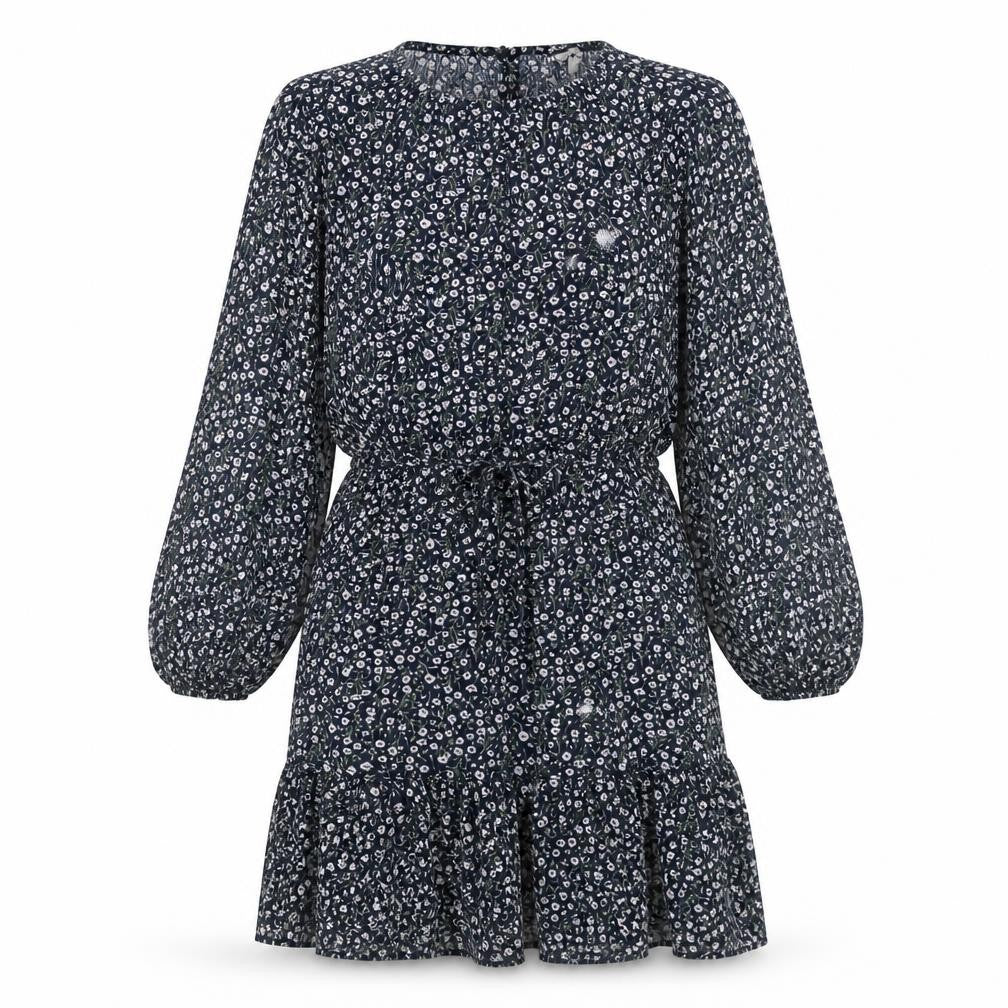 Front view of H&M women’s blue floral viscose a-line, size S, round neck pullover