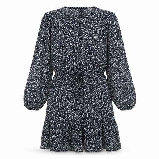 Front view of H&M women’s blue floral viscose a-line, size S, round neck pullover