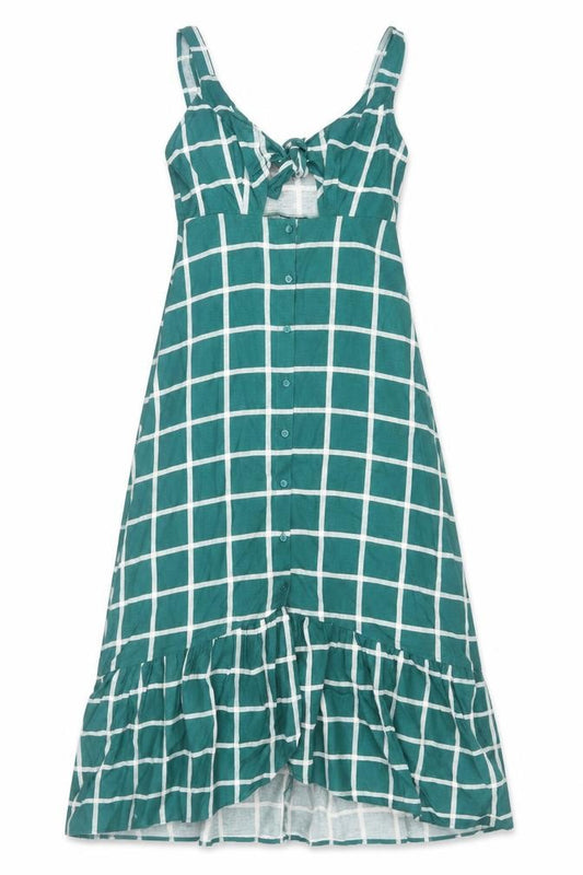 Front view of ASOS women’s green check cotton a-line, size UK 4, v-neck button