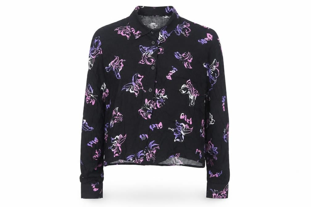 Front view of Bershka women’s black geometric viscose basic button-up, size XS, collared - butterfly