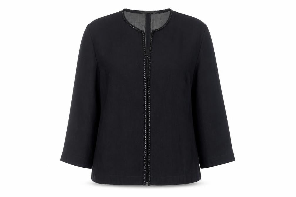 Front view of Marks & Spencer women’s black jacket blazer, size UK 14, hook & eye