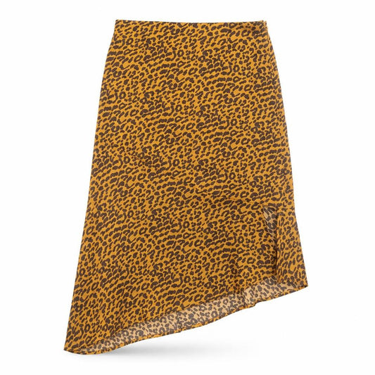 Front view of Boohoo women’s brown animal print polyester peasant skirt, size UK 8, zip - leopard pattern