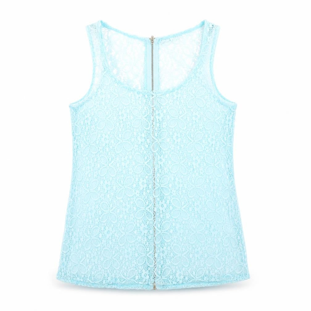 Front view of Quiz women’s blue floral polyester basic tank, size UK 8, scoop neck
