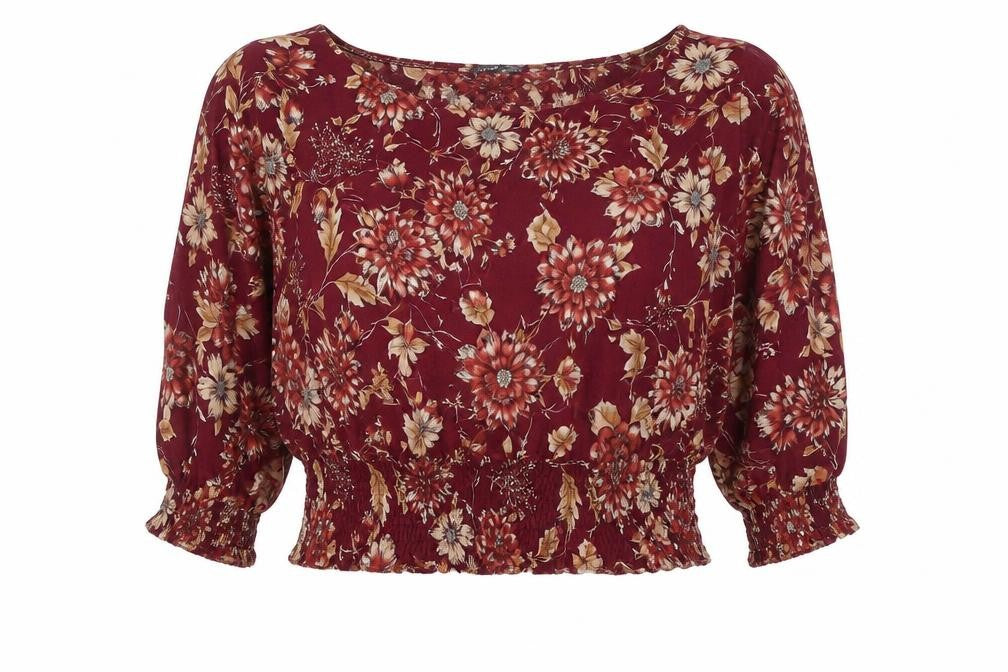 Front view of Marks & Spencer women’s red floral viscose basic blouse, size UK 14, round neck