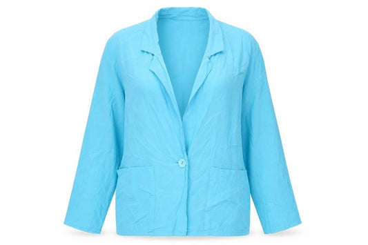 Front view of Preworn women’s blue viscose basic blouse, size UK 12, v-neck