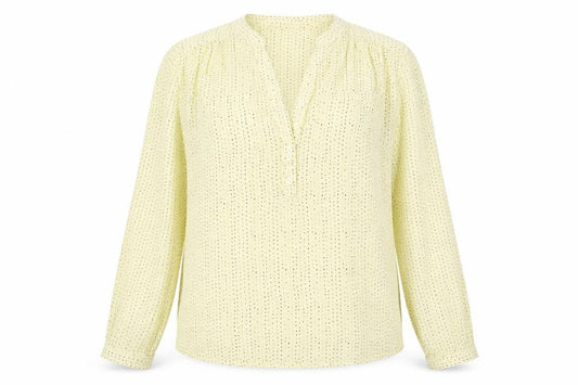 Front view of Woods women’s yellow geometric polyester basic blouse, size S, v-neck