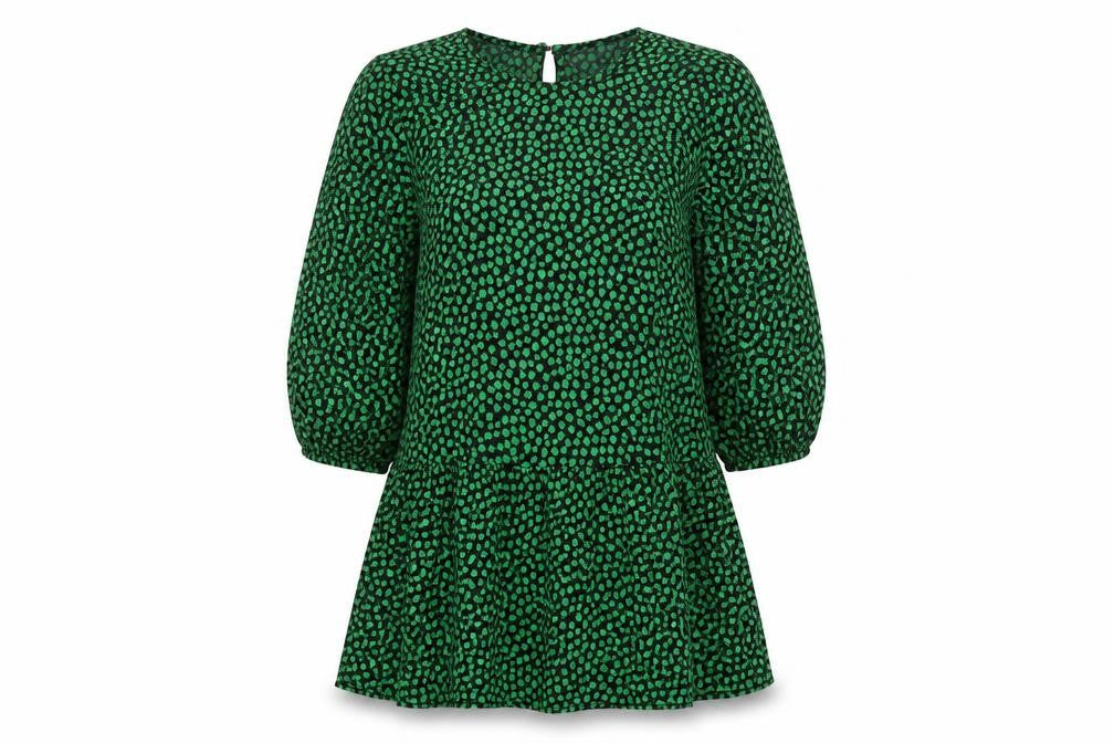 Front view of H&M women’s green geometric viscose shift, size S, round neck button - drop hem