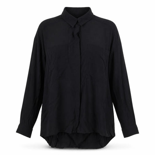 Front view of ASOS women’s black viscose basic button-up, size UK 8, collared