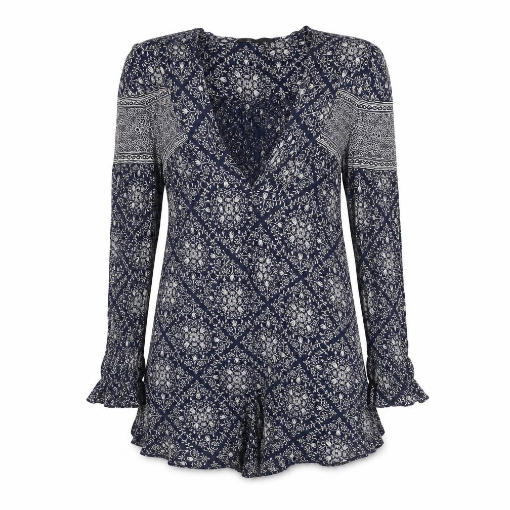 Front view of Zara women’s blue geometric viscose playsuit one-piece, size XS, pullover