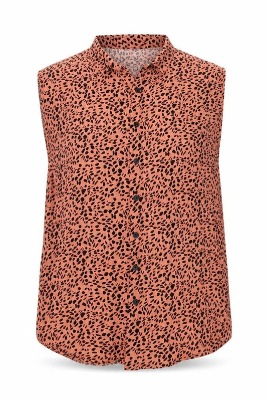 Front view of Pull&Bear women’s red geometric viscose basic tank, size L, collared